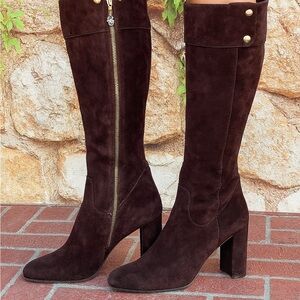 BELLOFATTO Brown Suede Heeled Boots with Gold Accents, 9.5B